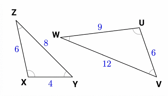 Two geometric figures are shown: a triangle ZXY and a triangle UWV, with labeled sides measuring 4, 6, 8, 9, 12, and 6.