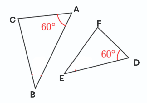 Two triangles are shown, one labeled ABC with angle A at 60&deg; and the other labeled EFD with angle F also at 60&deg;.