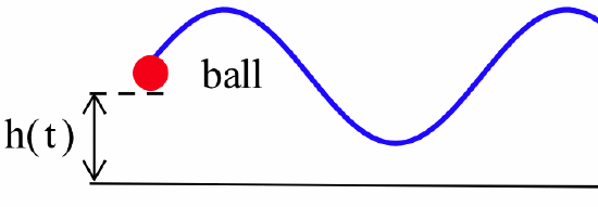 A red ball shown by a double arrow to be a distance h(t) vertically above a horizontal line segment. The subsequent path of the ball is indicated by a blue sinusoidal curve.