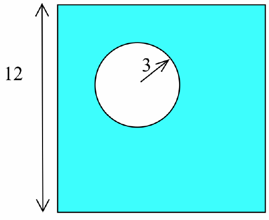 The interior of a black sqaure is shaded light blue. A double arrow denoting the height of the square is labeled '12.' The radius of a disk cut out of the interior of the square has a radius indicated by an arrow that is labeled '3.'