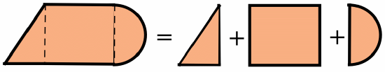 On the left of an = sign is a solid region shaded orange consisting of a right triangle abutting a rectangle of the same height abutting a half-disk with a diameter that matches the height of the rectangle; dashed vertical line segments separate the three types of figures. On the right of the equal sign are the three figured separated, with a + sign between each pair.