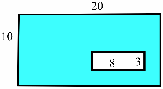 A large cyan rectangle containing a smaller white rectangular cutout located in the lower right region. The outer cyan rectangle has a total horizontal width of 20 and a vertical height of 10. The inner white rectangle is defined by a width of 8 and a height of 3.
