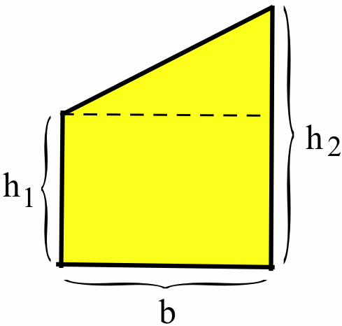 A yellow-shaded trapezoid with a horizontal base labeled 'b' with a shorter left side labeled 'h_1' and a longer right side labeled 'h_2.' A dashed-black horizontal line segment extends from the top of the short side over to the longer side.