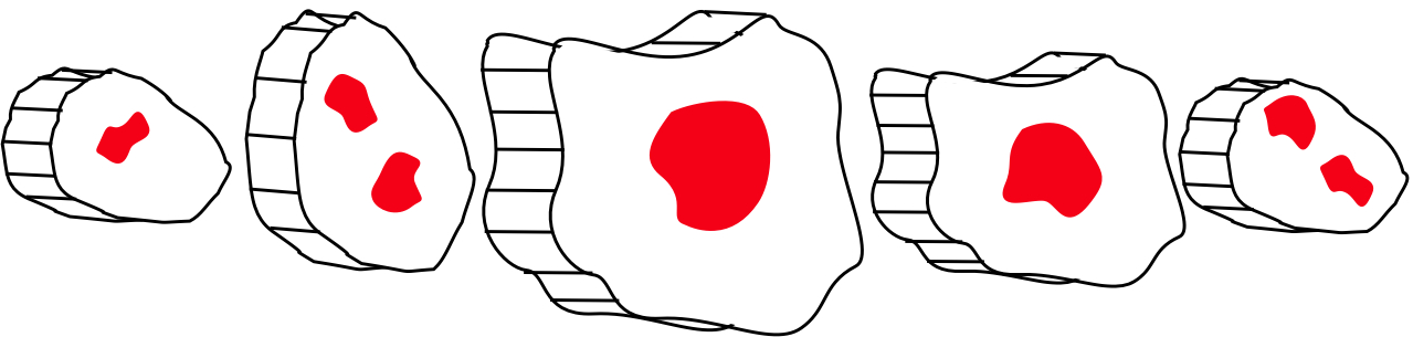 Five cylinders with blob-shaped faces positioned side by side, each with one or two red-shaded blobs shown on its face.