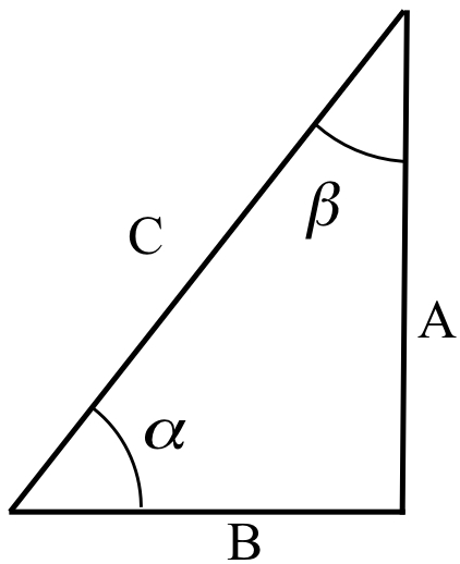 A right triangle with base B, height A and hypotenuse C. The angle opposite A is alpha and the angle opposite B is beta.