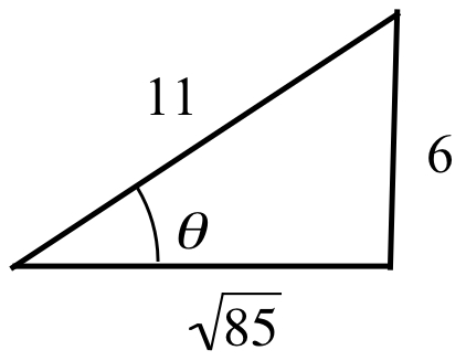 A right triangle with base sqrt(85), height 6 and hypotenuse 11. The angle between base and hypotenuse has measure theta.