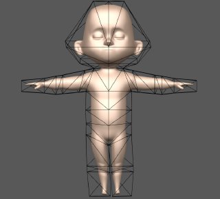 A three dimensional human character used in computer animation. The character is standing upright with both arms extending horizontally to the sides. There is also an set of triangles that form a solid encasing the character. Computer animators move the character by moving the vertices of the triangles.
