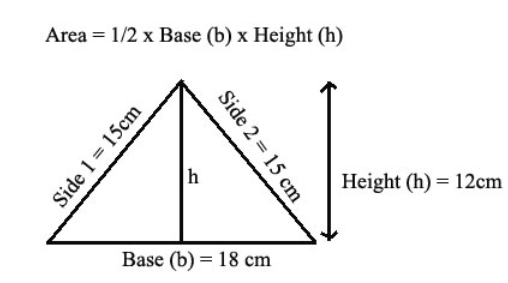  triangle with base 18, the other two sides both 15, and the height 12.  Area = 1/2 times the base times the height