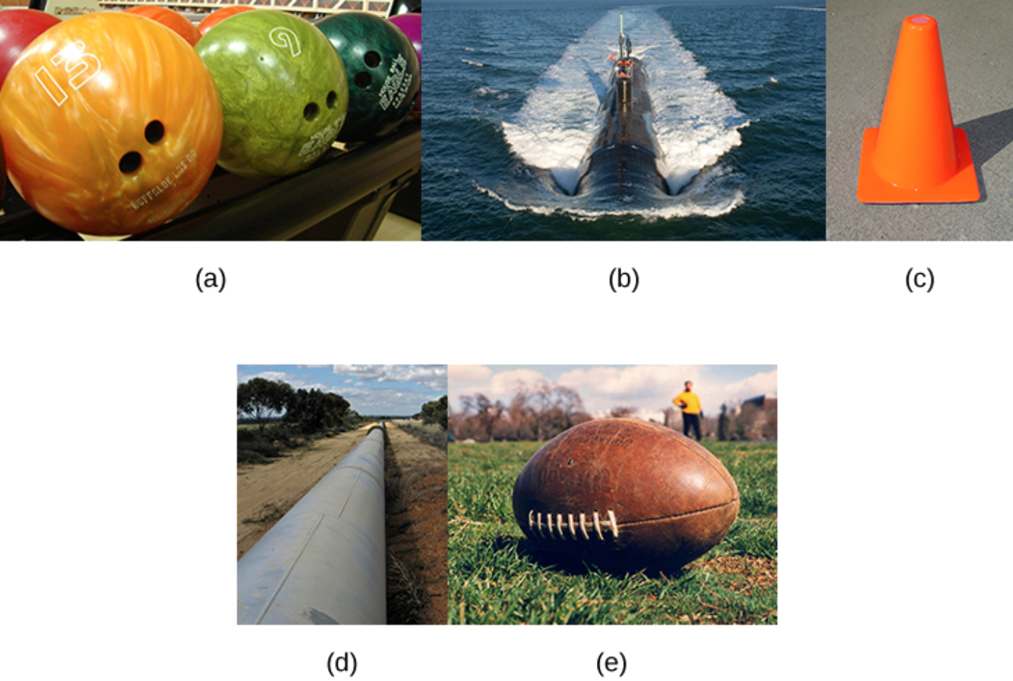 This figure has 5 images. The first image shows bowling balls. The second image is a submarine traveling on an ocean surface. The third image is a traffic cone. The fourth image is a pipline across some barren land. The fifth image is a football.