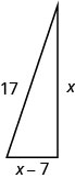 图中显示了一个直角三角形，最短边为 x，第二边为 x 减去 7，斜边为 17。
