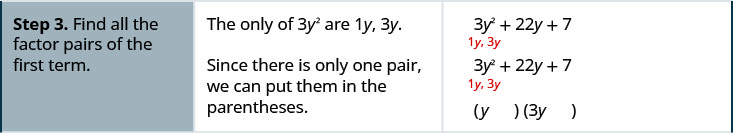 步骤 3 是查找第一个项的所有因子对。 这里唯一的因素是 1y 和 3y。 由于只有一对，我们可以将每对作为第一个项放在括号中。