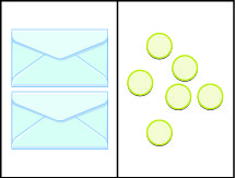 This image illustrates a workspace divided into two sides. The content of the left side is equal to the content of the right side. On the left side, there are two envelopes each containing an unknown but equal number of counters. On the right side are six counters.