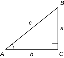 Uma imagem de um triângulo. Os três cantos do triângulo são identificados como “A”, “B” e “C”. Entre o canto A e o canto C está o lado b. Entre o canto C e o canto B está o lado a. Entre o canto B e o canto A está o lado c. O ângulo do canto C é marcado com um símbolo de triângulo reto. O ângulo do canto A está marcado com um símbolo angular.