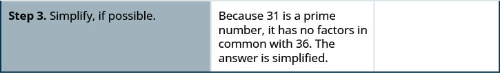 El paso final dice “Paso 3. Simplificar, si es posible”. En la explicación se lee “Debido a que 31 es un número primo, no tiene factores en común con 36. La respuesta se simplifica”.