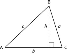 A triangle with vertices A, B, and C. The sides opposite these vertices are marked a, b, and c, respectively. The side b is parallel to the bottom of the page, and it has a dashed line drawn from vertex B to it. This line is marked h and makes a right angle with side b.