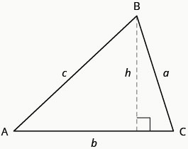 Un triángulo con vértices A, B y C. Los lados opuestos a estos vértices están marcados a, b y c, respectivamente. El lado b es paralelo a la parte inferior de la página, y tiene una línea discontinua dibujada desde el vértice B hasta él. Esta línea está marcada con h y forma un ángulo recto con el lado b.