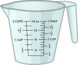 Um copo medidor mostrando mililitros e onças.