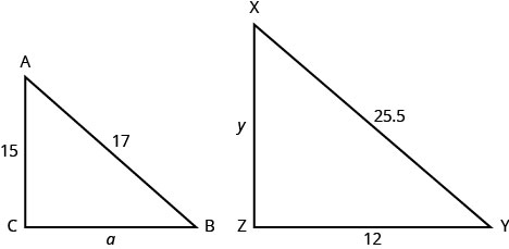 上图显示了两个相似的三角形。 较小的三角形被标记为 A B C。较小的三角形 A B C 的两边长度是给出的。从 A 到 B 的长度为 17。 从 B 到 C 的长度为 a。从 C 到 D 的长度为 15。 较大的三角形标有 X Y Z。给出了两边的长度。 从 X 到 Y 的长度为 25.5。 从 Y 到 Z 的长度为 12。 从 Z 到 X 的长度为 y。