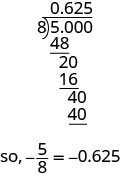 Il s'agit d'un problème de division longue, 8 divisant 5 000 et 0,625 comme quotient. En dessous de 5 000, nous en avons 48, une ligne horizontale continue, 20, 16, une ligne horizontale continue, 40, 40 et une ligne horizontale finale. Donc, cinq huitièmes sont égaux à 0,625.