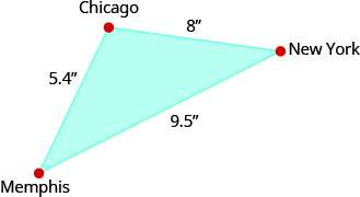 The above image shows a triangle. Each angle is labeled, clockwise, “Chicago”, “New York”, and “Memphis”. The side that extends from Chicago to New York is labeled 8 inches. The side that extends from New York to Memphis is labeled 9.5 inches and the side extending from Memphis to Chicago is labeled 5.4 inches.