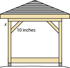 Um gazebo é mostrado. Em um de seus cantos, um triângulo é feito com a madeira. A hipotenusa está marcada com 10 polegadas e uma das pernas está marcada com x