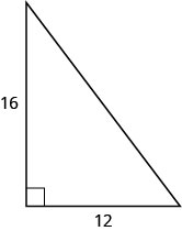 Um triângulo reto com pernas marcadas com 16 e 12.