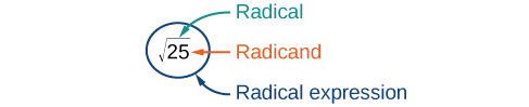 The expression: square root of twenty-five is enclosed in a circle. The circle has an arrow pointing to it labeled: Radical expression. The square root symbol has an arrow pointing to it labeled: Radical. The number twenty-five has an arrow pointing to it labeled: Radicand.