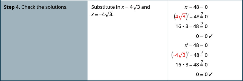 Etapa quatro, verifique as soluções substituindo cada solução na equação original. Quando x é igual a quatro raiz quadrada de três, substitua x na equação original por quatro raiz quadrada de três para obter quatro raiz quadrada de três ao quadrado menos 48 é igual a zero. Simplifique o lado esquerdo para obter 16 vezes três menos 48 é igual a zero, o que simplifica ainda mais para zero igual a zero, uma afirmação verdadeira. Quando x é igual a menos quatro raiz quadrada de três, substitua x na equação original por menos quatro raiz quadrada de três para obter menos quatro raiz quadrada de três ao quadrado menos 48 é igual a zero. Simplifique o lado esquerdo para obter 16 vezes três menos 48 é igual a zero, o que simplifica ainda mais para zero igual a zero, também uma afirmação verdadeira.