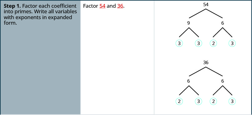 Esta tabla tiene tres columnas. En la primera columna se encuentran los pasos para factorizar. La primera fila tiene el primer paso, factoriza cada coeficiente en primos y escribe todas las variables con exponentes en forma expandida. La segunda columna de la primera fila tiene “factor 54 y 36”. La tercera columna de la primera fila tiene 54 y 36 factorizadas con árboles factorizados. Los factores primos de 54 están rodeados en un círculo y son 3, 3, 2 y3. Los factores primos de 36 están en un círculo y son 2,3,2,3.