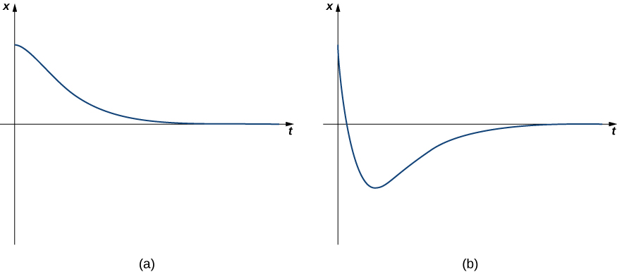 Cette figure comporte deux graphiques étiquetés (a) et (b). Le premier graphe se trouve dans le premier quadrant et est une courbe décroissante dont l'axe horizontal est une asymptote horizontale. Le second graphique est initialement une fonction décroissante mais augmente en dessous de l'axe horizontal. Ensuite, l'axe horizontal est également une asymptote horizontale.