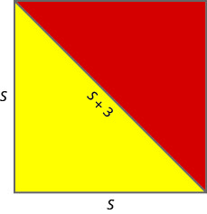 该图显示了一个正方形，其对角线从左上角一直延伸到右下角。 对角线将正方形分成两个直角三角形。 下三角形为红色，上三角形为黄色。