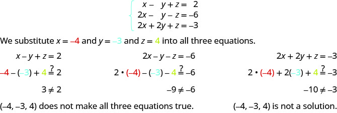 方程为 x 减去 y 加 z 等于 2，2x 减去 y 减去 z 等于负 6，2x 加 2y 加 z 等于负 3。 用减去 4 代替 x，减去 3 代表 y，用 4 代替 z，所有三个方程都成立。 因此，减去 4，减去 3，4 不是解。