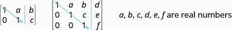 左侧显示了一个 2 x 3 的矩阵。 它的第一行是 1, a, b。它的第二行是 0, 1, c。一个箭头指向对角线向下和向右, 与矩阵中的两个 1 重叠。 右侧显示了一个 3 x 4 的矩阵。 它的第一行是 1、a、b、d。它的第二行是 0、1、c、e。它的第三行是 0、0、1、f。箭头指向对角线向下和向右，与矩阵中的所有 1 重叠。a、b、c、d、e、f 是实数。