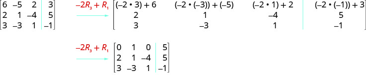 在 3 x 4 矩阵中，第一行是 6，减去 5、2、3。 第二行是 2, 1, 减去 4, 5。 第三行是 3，减去 3，1，减去 1。 执行运算减去第一行的 2 R3 加 R1，第一行变成 6 加减 2 倍 3，减去 5 加负 2 倍减 3，2 加减 2 乘以 1 和 3 加负 2 乘以 1。 这将变成 0、1、0、5。 新矩阵的其余 2 行是相同的。