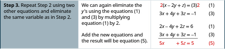 步骤 3 是使用另外两个方程重复步骤 2，并消除与步骤 2 中相同的变量。 我们可以再次使用方程 1、3 通过将方程 1 乘以 2 来消除 y。 将新方程相加，结果将为 5x 加 5z 等于 5。