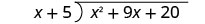 A divisão longa de x ao quadrado mais 9 x mais 20 por x mais 5