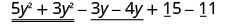 5y 平方加上 3y 平方，标识为相似项，减去 3y 减去 4y，标识为相似项，加上 15 减去 11，标识为相似项。