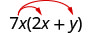 7 x 乘以 2 x 加 y。两支箭从 7 倍延伸，终止于 2x 和 y。