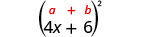 4 x plus 6, entre parenthèses, au carré. Au-dessus de l'expression se trouve la formule générale a plus b, entre parenthèses, au carré.