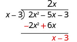 2 x 平方减去 5 x 和负 2 x 平方加 6 x 的总和为 x，它写在 6 x 下方。2 x 平方减去 5 x 减去 3 中的第三项在 x 旁边向下移动，使 x 减去 3。