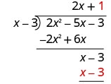 x minus 3 times 1 is x minus 3, which is written under the first x minus 3.