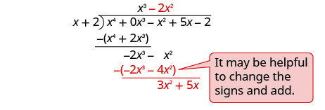 x cubed 减去 2 x 平方写在长除法括号的顶部。 在长除法的底部，减去负 2 x 立方减去 4 x 平方，得出 3 x 平方加 5 x。注释上写着 “更改符号然后相加可能会有所帮助。”