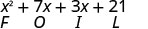 x au carré plus 7 x plus 3 x plus 21. En dessous de x au carré se trouve la lettre F, en dessous de 7 x est la lettre O, en dessous de 3 x est la lettre I et en dessous de 21 se trouve la lettre L, orthographiée FOIL.