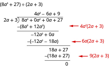 该图显示了 8 a cubed 加 27 x 2 a 加 3 的长除法。 在长除法括号中，占位符 0 a 平方和 0 a 被添加到多项式中。 在分红8下方的第一行中，减去立方加12平方。 右边的箭头表示该值是通过将 4 a 的平方乘以 2 a 加 3 得出的。 减法得出负 12 的平方加 0 a。从这个负 12 中减去 a 的平方减去 18 a。 右边的箭头表示该值来自于 6 a 乘以 2 a 加 3。 减法得出 18 a 加 27。 从这个 18 中减去 a 加 27。 右边的箭头表示该值来自于 9 乘以 2 a 加 3。 结果为 0。