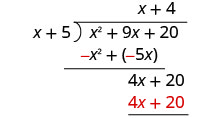 x plus 5 في 4 هو 4 x plus 20، وهو مكتوب تحت أول 4 x زائد 20.