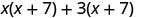 两个乘积的总和，x 和 x 加 7 的乘积，以及 3 和 x 加 7 的乘积。