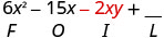 6x al cuadrado menos 15x menos 2xy más en blanco. Debajo de menos 2 x y está la letra I.