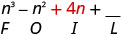 n en cubos menos n al cuadrado más 4 n más en blanco. Debajo de 4 n está la letra I.