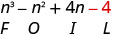 n 立方减去 n 平方加上 4 n 减去 4。 减去 4 之下是字母 L