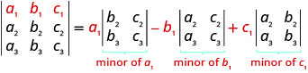 3 x 3 行列式等于 a1 乘以 a1 的次要值减去 b1 的 b1 乘以 b1 的次要数加上 c1 乘以 c1 的次要值。